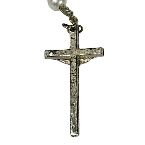 Catholic Rosary Bracelet Silver Tone with Faux Pearl Beads & Crucifix VINTAGE - Picture 4 of 9
